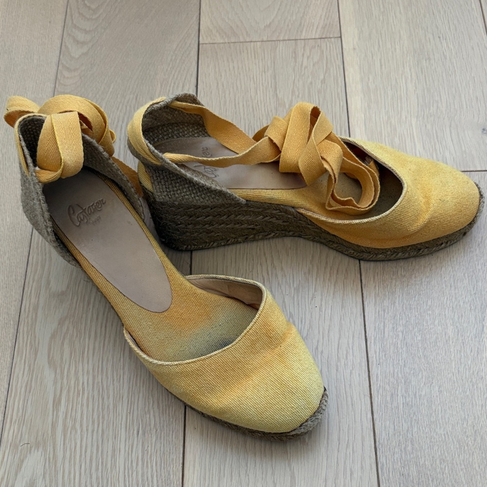 Castaner Yellow Canvas Espadrille Wedges with Wrap Tie